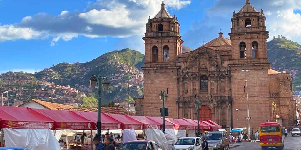 a street scene with a church in the background