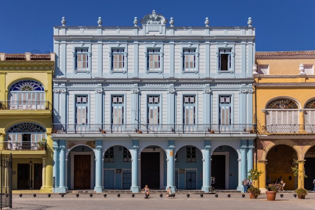 blue and yellow concrete building facade