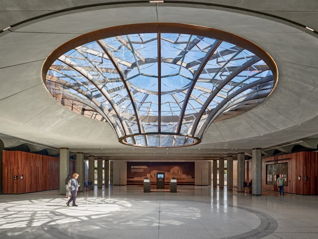 Modern building interior with large circular skylight